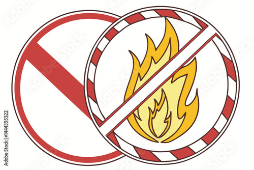 24 No fire symbol, prohibition sign, red circle, diagonal line, flame icon, safety warning, heat restriction, fire prevention, glossy emblem, yellow and orange flame, circular design, danger sign, eme
