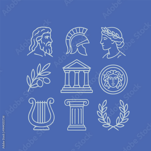 Collection of minimalist Greek mythology icons featuring gods, warriors, temple, column, laurel wreaths, lyre, olive branch, and Medusa. Elegant blue and white line art. Vector illustration