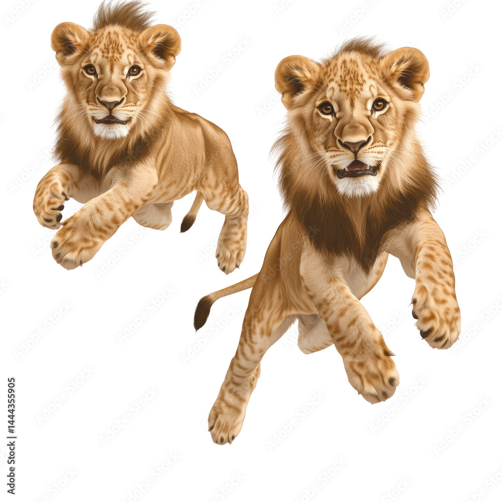 Obraz premium Two playful young lions with detailed fur and expressive eyes simulated in realistic style, showing strength and curiosity in dynamic poses on white background