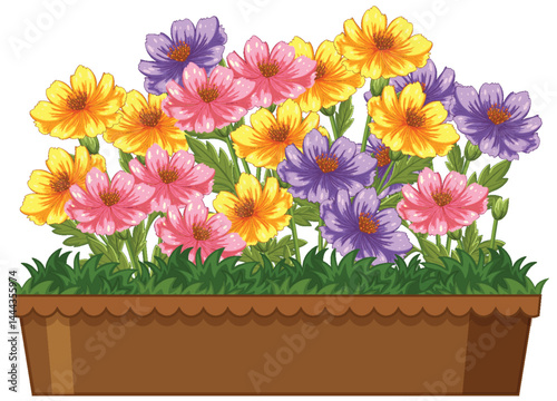 Vibrant Floral Arrangement in a Wooden Planter