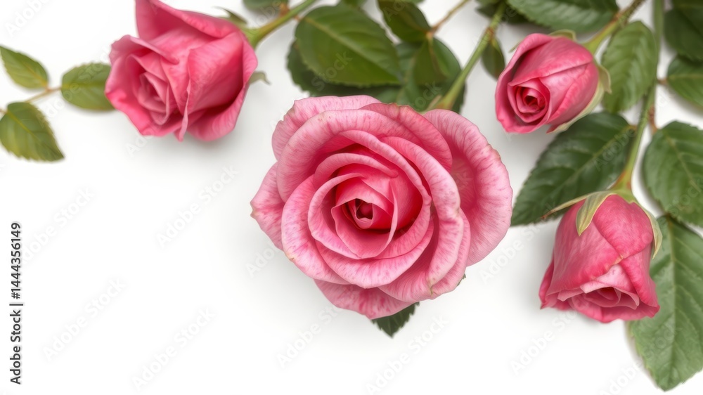 Naklejka premium Four pink roses with green leaves elegantly arranged on a pristine white background create a romantic and delicate floral arrangement.