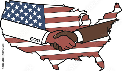 American Unity: A handshake between two hands of different skin tones set against the backdrop of a United States map, symbolizing unity, diversity and togetherness.