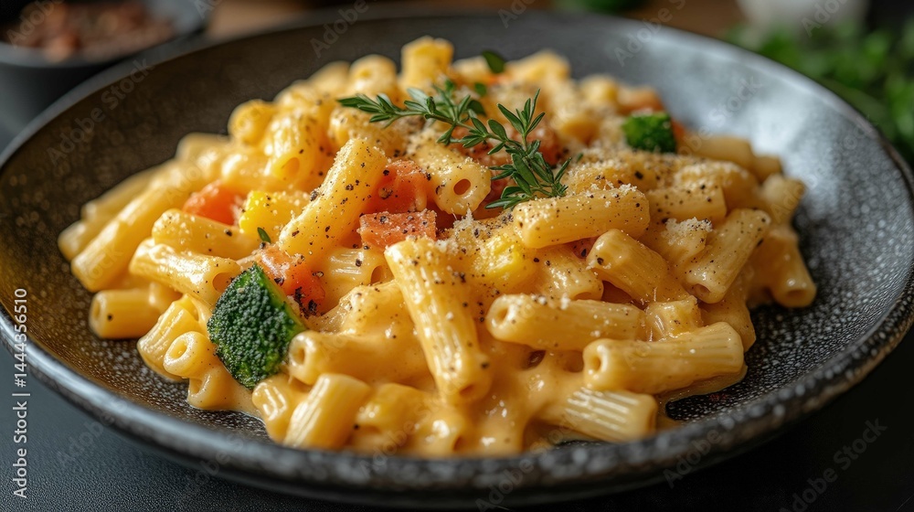 Close up of cooked pasta dish with herbs in a bowl Close up of cooked pasta dish with herbs in a bowl