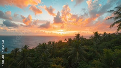A vibrant sunset paints the sky with fiery orange and pink hues over a tropical coastline of palm trees and ocean waves.