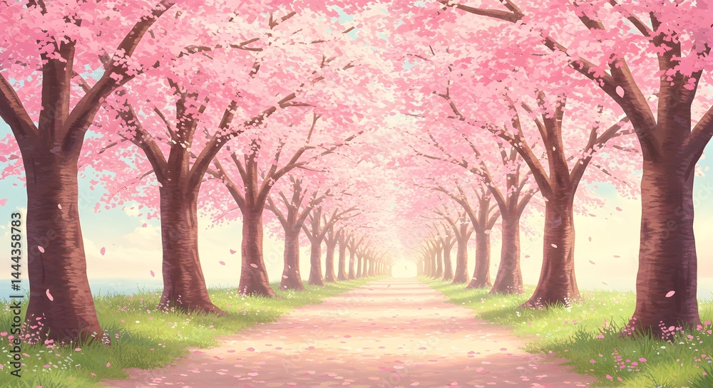 Fototapeta premium Serene Pink Blossom Tunnel Path to Light