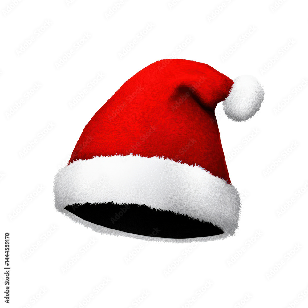 Bright red traditional Santa Claus hat with white fur trim and pom-pom isolated on a plain white background suitable for holiday Christmas celebrations and festive decoration Bright red traditional Santa Claus hat with white fur trim and pom-pom isolated on a plain white background suitable for holiday Christmas celebrations and festive decoration