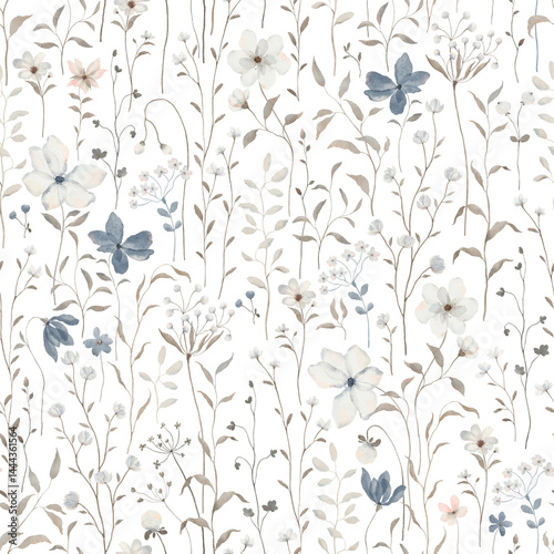 
Watercolor seamless floral pattern with delicate abstract wildflowers and plants, isolated hand-drawn print for textile, wallpapers or background in provence style.