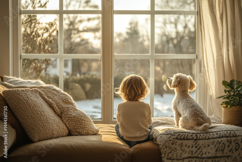 Young child and white dog sitting peacefully on cozy couch by large window watching winter sunset outside. Concept of friendship, childhood, comfort and seasonal atmosphere.