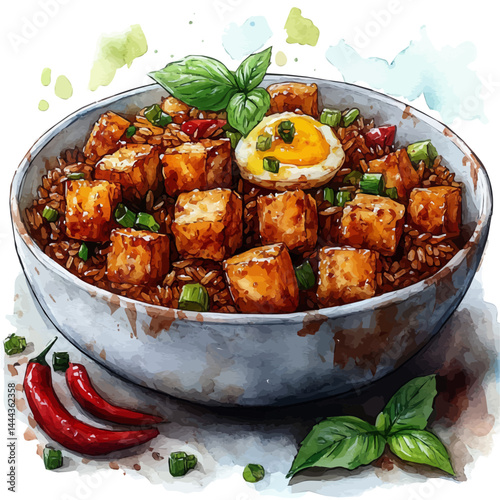 Fried Rice With Scrambled Egg And Veggies, vector watercolor illustration, isolated on a white background.