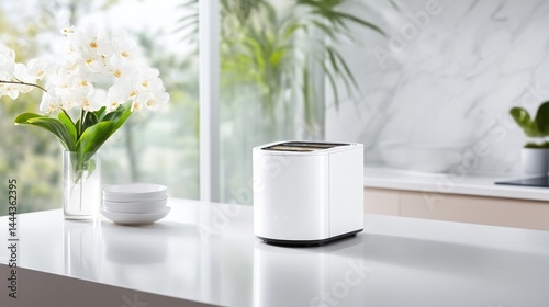 Modern white countertop appliance.  Compact, sleek design, sits atop a bright kitchen surface with plants and flowers.  Quiet, efficient, and space-saving