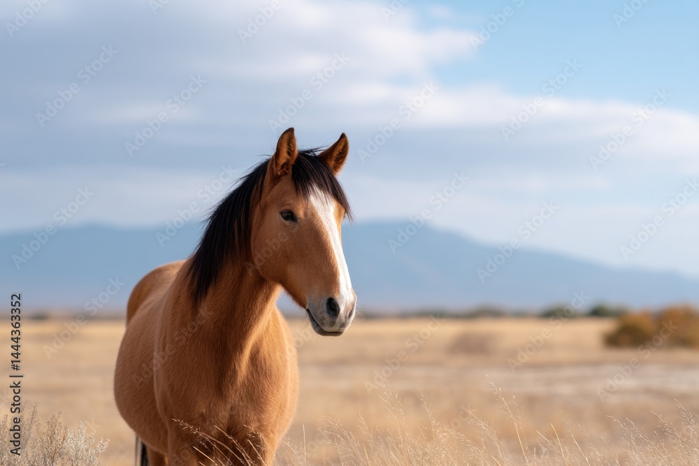 Obraz premium lone horse on open plain soft sunlight backdrops minimalistic feel with ample copy space clean image