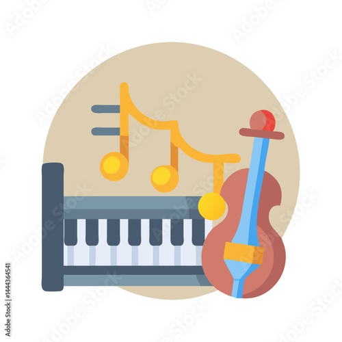 Abstract Music Illustration with Keyboard, Bass, and Notes