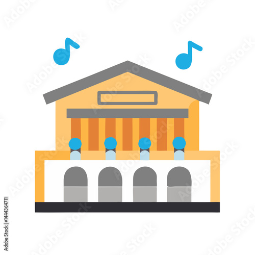 Colorful opera house building with music notes icon