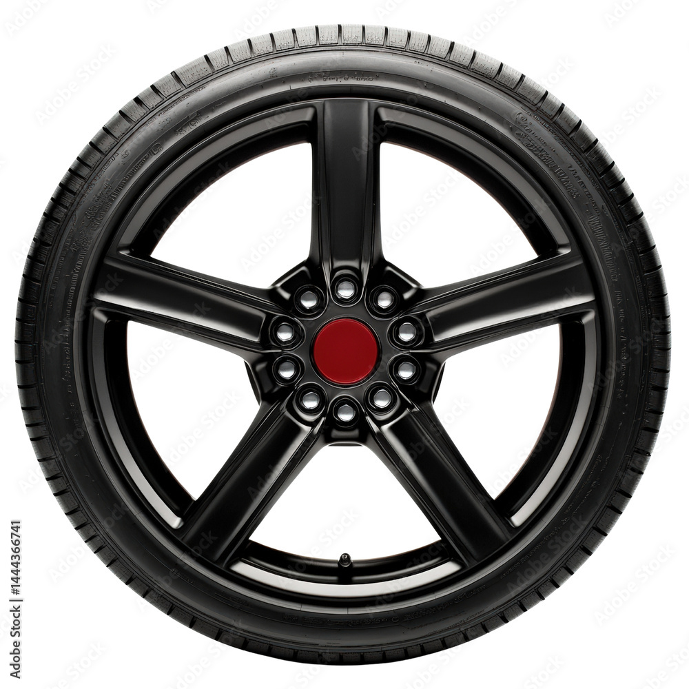 Obraz premium Modern black alloy car wheel with red center cap and detailed tread pattern on tire suitable for vehicle customization and automotive design projects