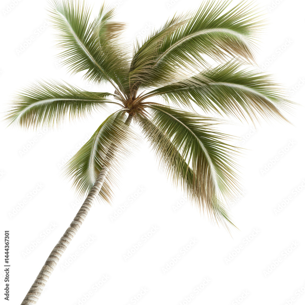 Fototapeta premium Tall tropical palm tree with lush green fronds and a slender trunk isolated on a white background perfect for travel, nature, and tropical themes