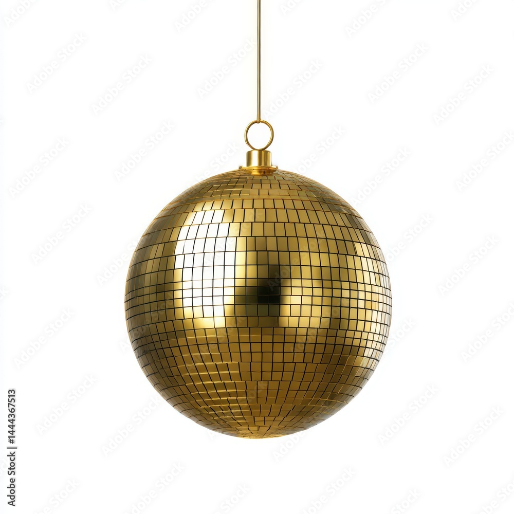 Obraz premium Golden disco ball hanging isolated on white background