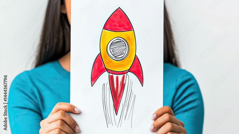 Creative Woman Holding Colorful Rocket Drawing with Enthusiasm