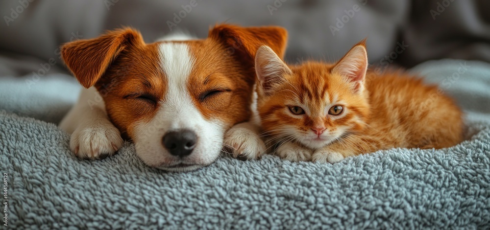 Adorable Jack Russell Puppy and Ginger Kitten Napping Together on a Cozy Blanket