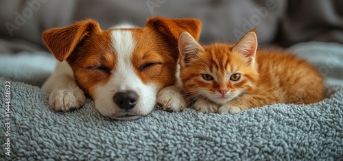 Adorable Jack Russell Puppy and Ginger Kitten Napping Together on a Cozy Blanket