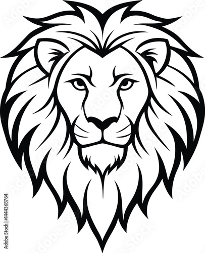 detailed black and white lion head illustration with mane