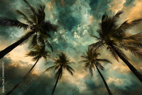 Moody Tropical Landscape with Palm Trees and Lush Green Mountains