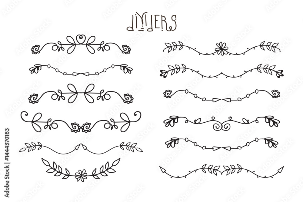 Obraz premium Set of doodle floral hand drawn dividers, graphic elements isolated on white background,
