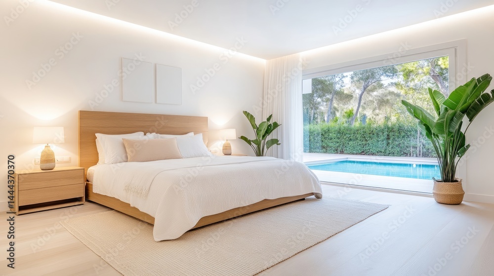 Fototapeta premium Modern, bright bedroom with pool view. Tranquil space, light wood accents, and white bedding