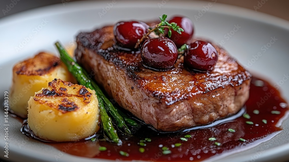 Meat dish with potatoes asparagus and cherries on a white plate. Meat dish with potatoes asparagus and cherries on a white plate.
