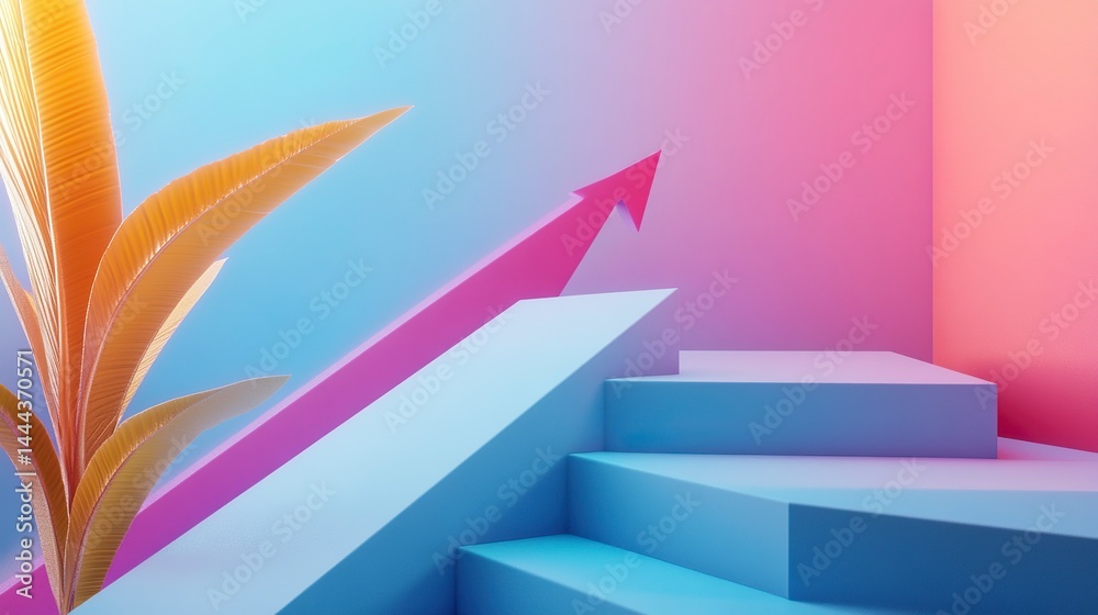 3D render of an upward-pointing arrow graph with a blue background, flat lay. 3D render of an upward-pointing arrow graph with a blue background, flat lay.