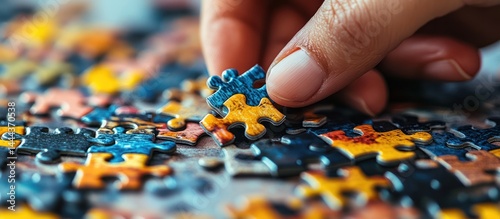 Person assembling jigsaw puzzle, close-up