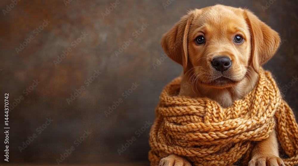 Adorable Golden Labrador Puppy Wearing a Knitted Scarf