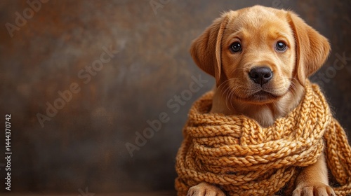 Obraz na płótnie Adorable Golden Labrador Puppy Wearing a Knitted Scarf w salonie