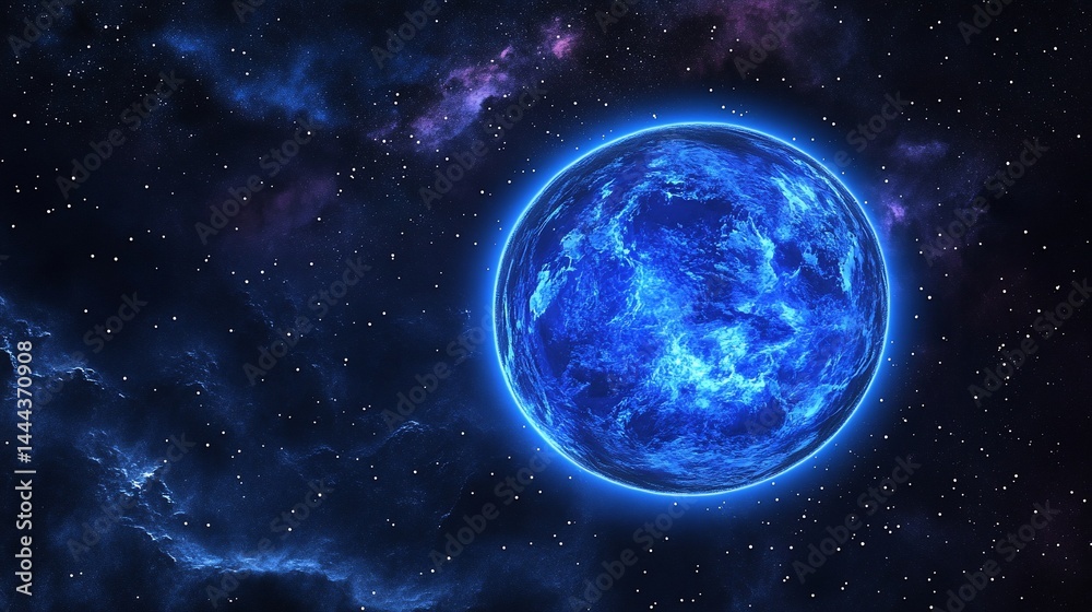 Obraz premium Mystic Blue Planet with Glowing Atmosphere in a Starry Universe Background