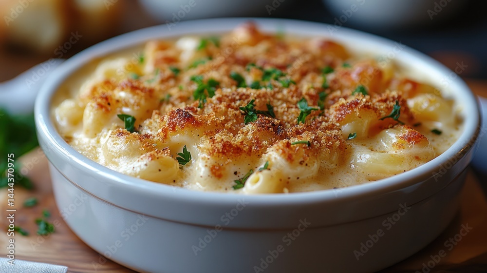 Macaroni and cheese dish with breadcrumb topping in a white bowl. Macaroni and cheese dish with breadcrumb topping in a white bowl.