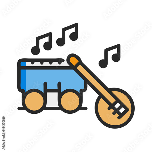 Cute musical cartoon with banjo and radio icons
