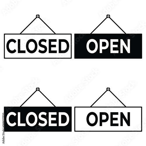 Open and Closed Sign Vector Icons in Black and White for Storefronts or Businesses