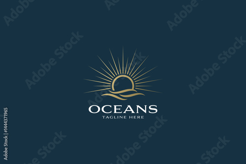 Elegant Ocean Logo Abstract Illustration with Golden Waves and Sunrise Elements