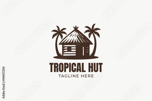 Traditional Tropical Palm Tree Hut Logo Beach Summer Paradise and Relaxation
