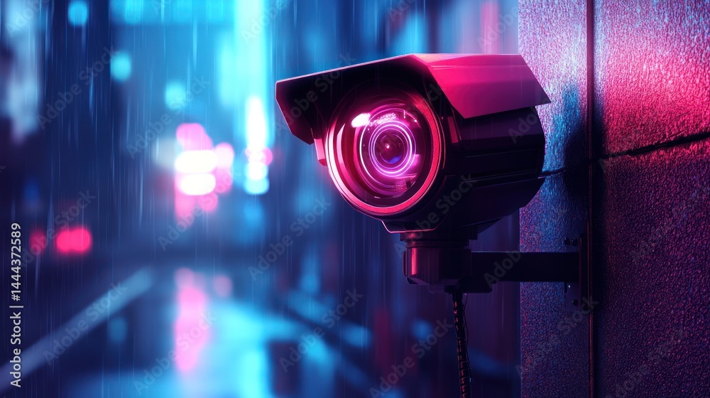 Security camera in a neon-lit city street at night Security camera in a neon-lit city street at night