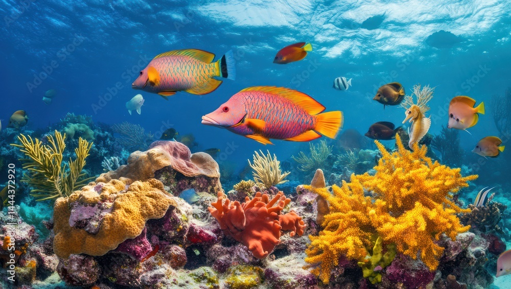 Fototapeta premium Tropical fish swim above vibrant coral reef