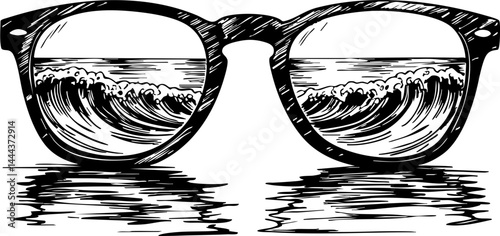 Summer adventure exploring waves through sunglasses on the beach graphic ocean view beach vibes