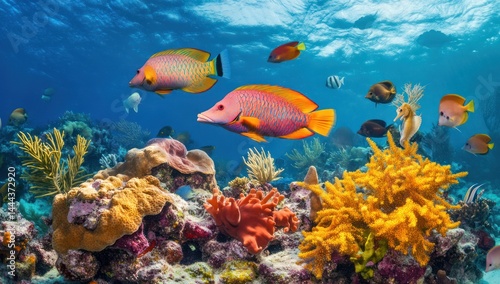 Tropical fish swim above vibrant coral reef photo