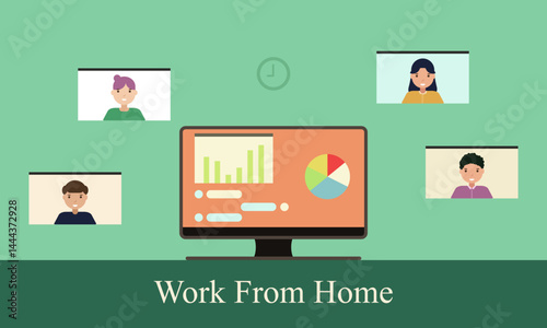 Vector graphics of online meetings to prevent the spread of the covid-19 virus which consists of people attending meetings, meeting materials, computers, wall clocks, and the phrase 'Work From Home'.