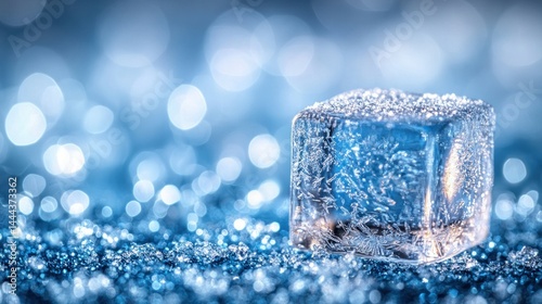 Frosted Ice Cube on Blue Background