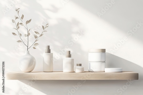 3D render of shelves with white products on a light background, 2D illustration, flat lay, front view, mockup template 