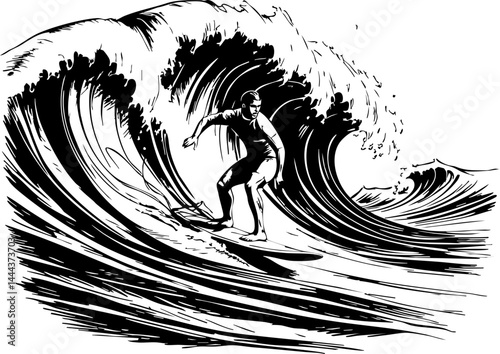 Surfer riding waves at summer beach sports illustration coastal environment dynamic viewpoint adventure concept