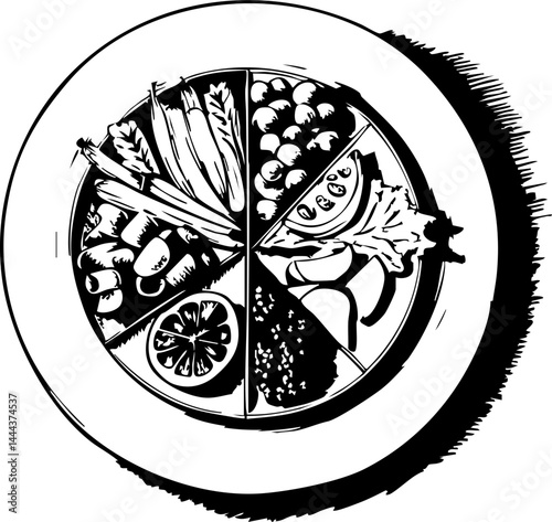 Healthy meal preparation kitchen illustration nutritional balance overhead view dietary concept