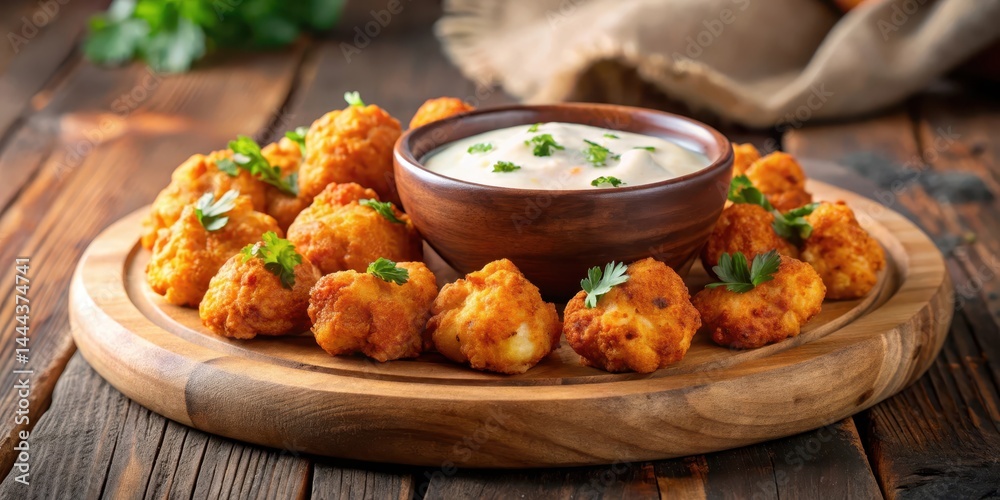 Spicy cauliflower buffalo bites on a wooden plate with a side of creamy dip in a shallow bowl, snack, buffalo sauce Spicy cauliflower buffalo bites on a wooden plate with a side of creamy dip in a shallow bowl, snack, buffalo sauce