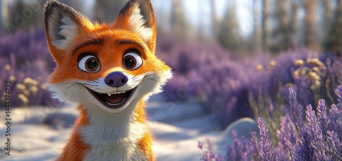 Obraz na płótnie Charming Animated Fox in Lavender Field w salonie