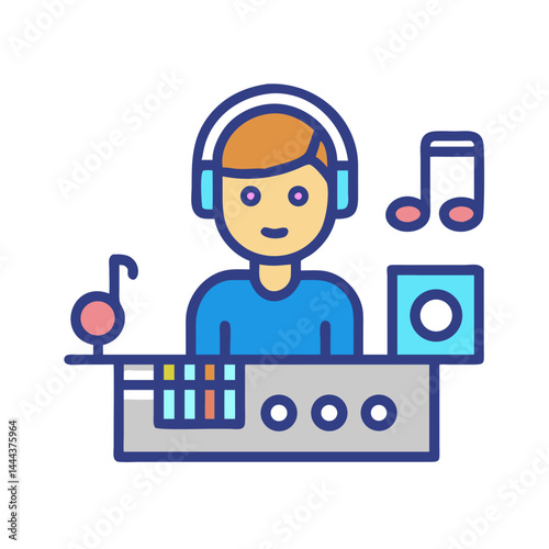 DJ Mixing Music with Headphones and Soundboard Icon